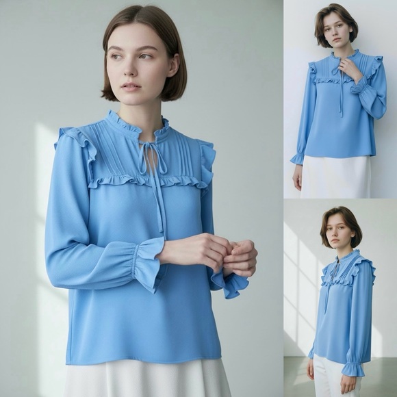 CeCe Ruffle Crepe Blouse Split Neckline with Tie Pintucks Long Sleeve Small - Picture 15 of 15